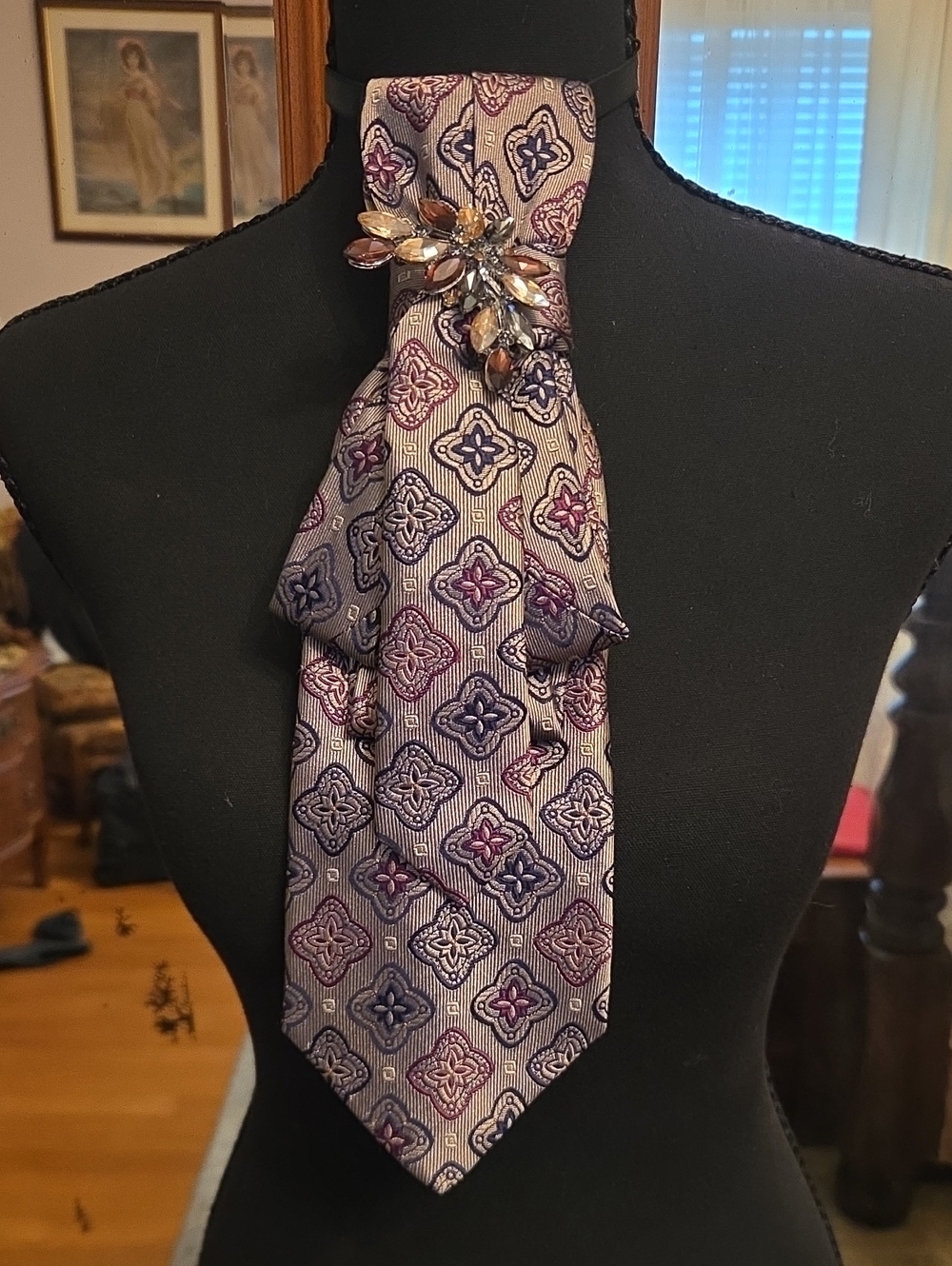 Vintage-Inspired Purple Patterned Ascot with Gem Brooch - Women Accessories